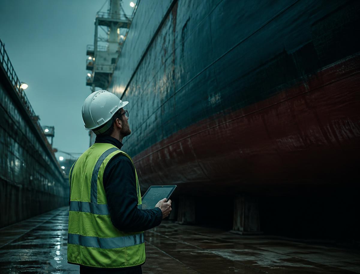 Marine surveyor conducting inspection with digital tablet